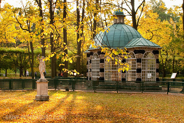 Sunlit Autumn Park Around the Aviary Pavilion in the Lower Park of Peterhof