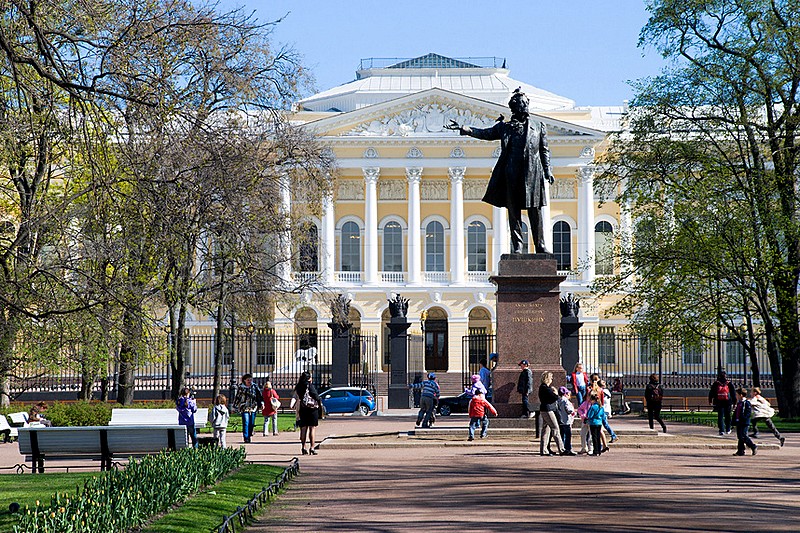 Monument to Alexander Pushkin and the Mikhailovskiy Palace of the Russian Museum on Arts Square in St Petersburg, Russia
