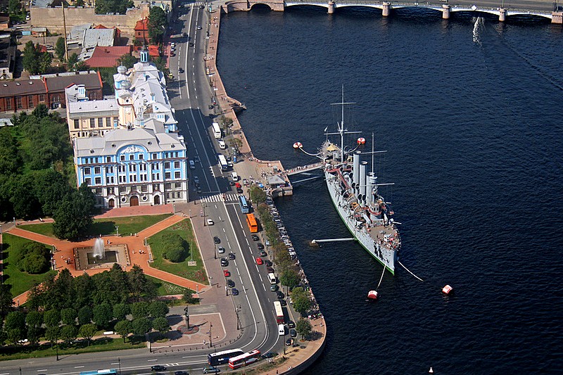 Bird's-eye view of Petrogradskaya Embankment and the Cruiser Aurora in St Petersburg, Russia