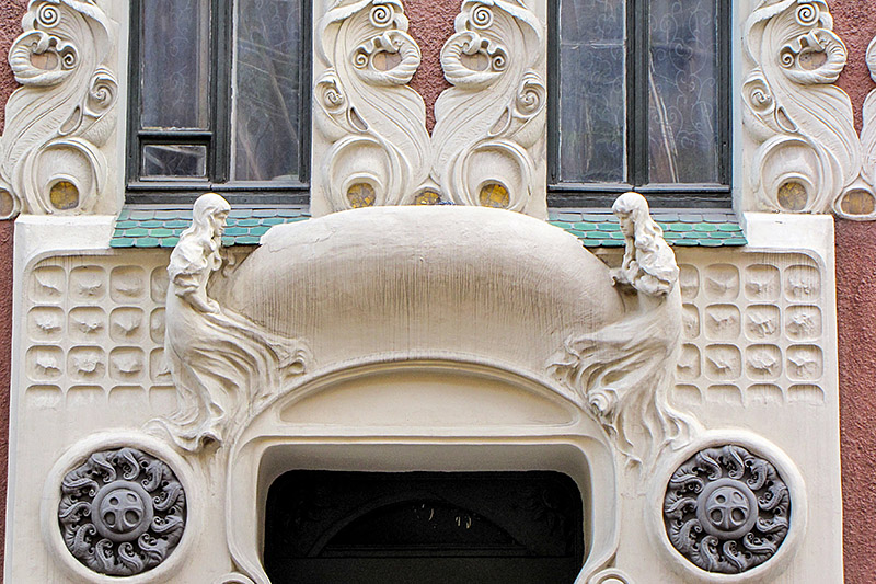 Decorative details on the facade of the Apartment Building of Duke Leichtenberg in Saint-Petersburg, Russia