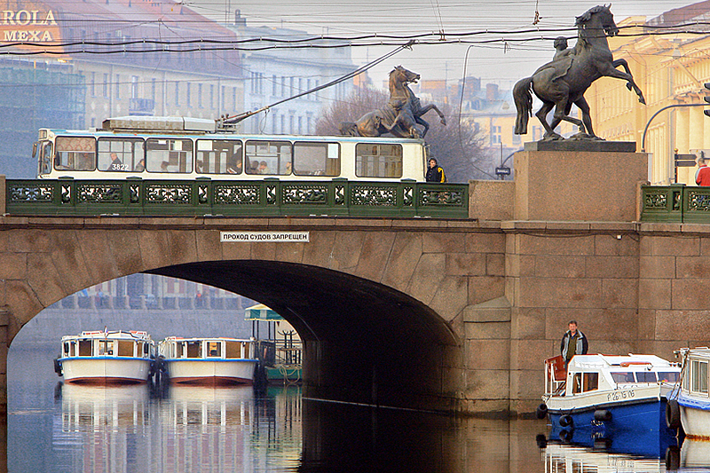 Horse Tamers statues on Anichkov Bridge in St Petersburg, Russia