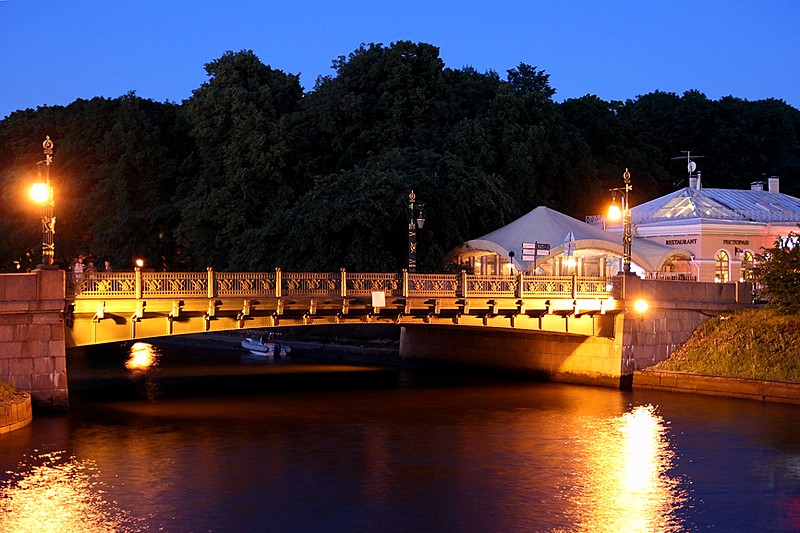 White Nights view of Second Sadovy Bridge over the Moyka River in St Petersburg, Russia