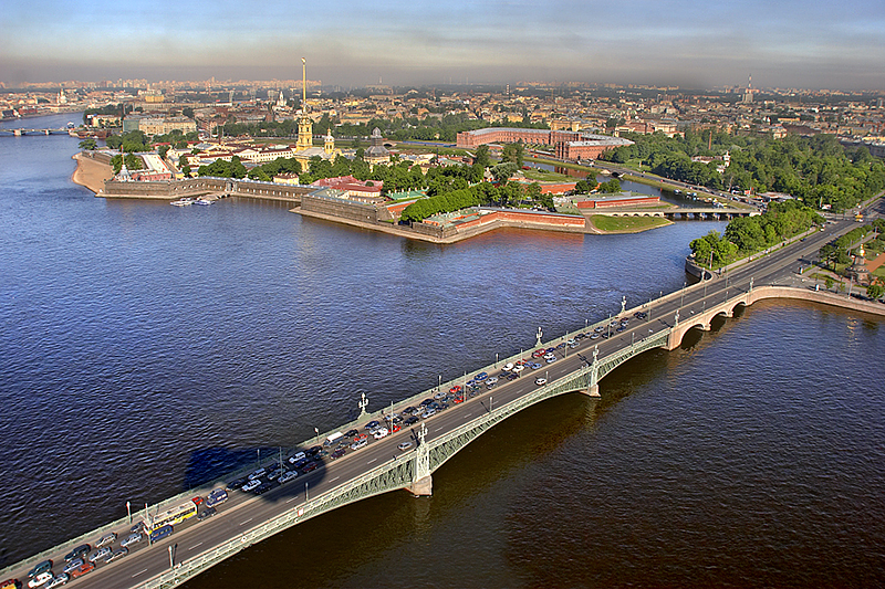 Aerial view of Trinity Bridge in St Petersburg, Russia