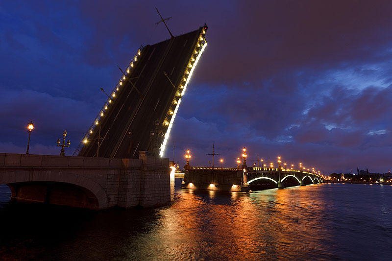 Raised 'wings' of Trinity Bridge in St Petersburg, Russia