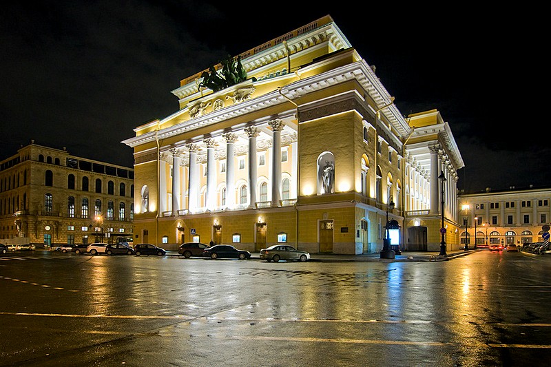 Night view of the Alexandrinsky Theatre in St Petersburg, Russia
