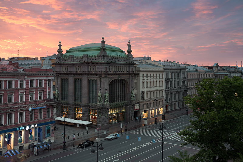 Evening view of the Eliseyev Emporium in Saint-Petersburg, Russia