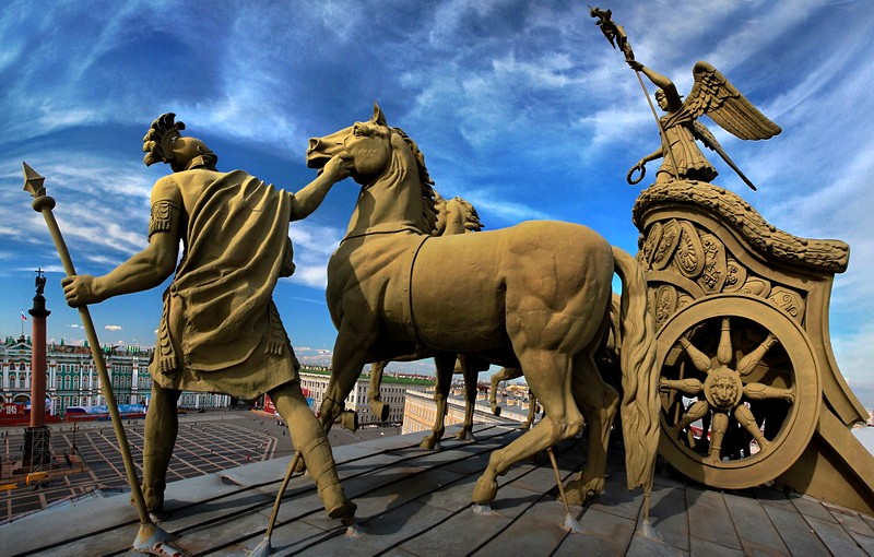 Fragment of the Chariot of Victory on the arch of the General Staff Building in St. Petersburg, Russia