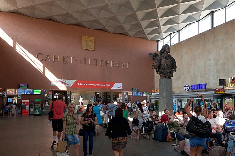 Statue of Peter the Great in the main hall of Moscow Railway Station in St Petersburg, Russia
