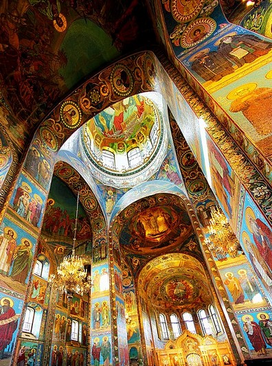 Colorful interiors of the Church of Our Savior on the Spilled Blood in Saint-Petersburg, Russia