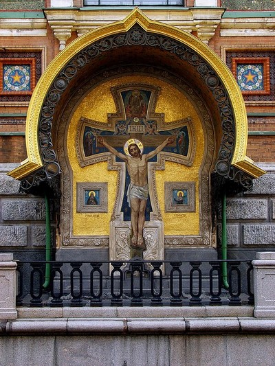 Detail of facade decoration of the Church of Our Savior on the Spilled Blood in Saint-Petersburg, Russia