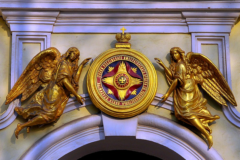 Relief with the order of St. Vladimir above the entrance to Prince Vladimir Cathedral in St Petersburg, Russia