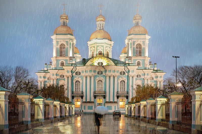 St. Nicholas Maritime Cathedral in St Petersburg, Russia on a rainy day