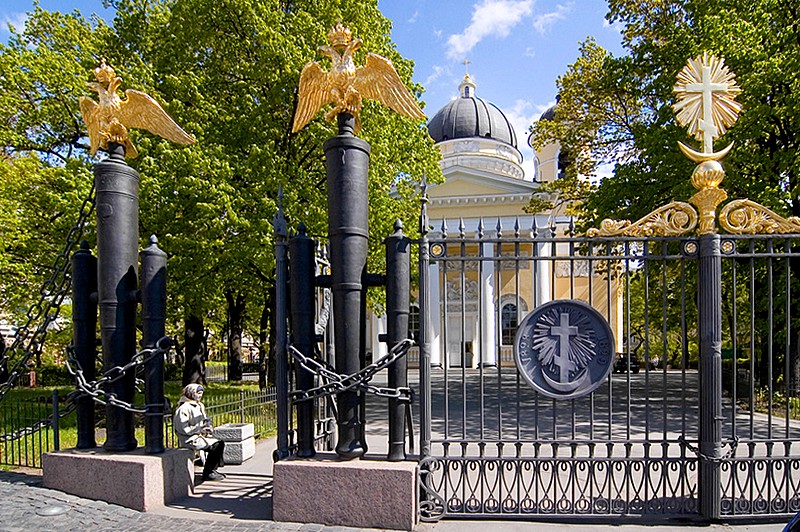 Wrought-iron fence of the cathedral built of trophy Turkish cannons in St Petersburg, Russia