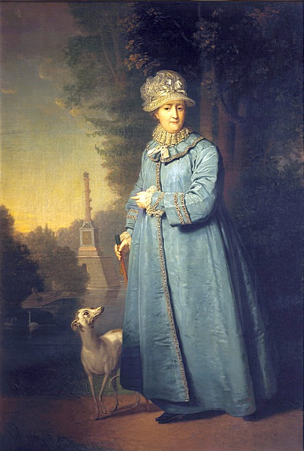 Catherine II walking in Tsarskoye Selo Park (with Chesma Column behind)