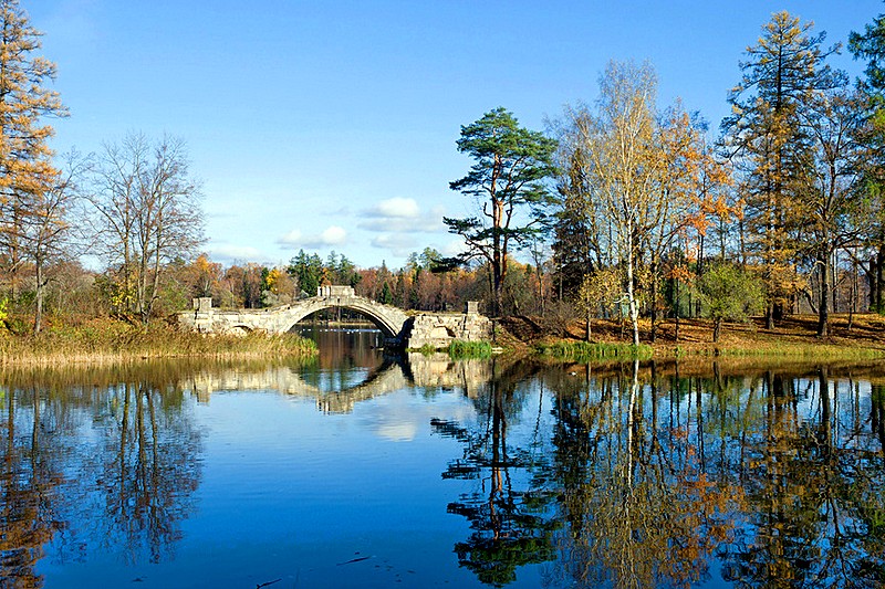 Hump-backed Bridge in the park in Gatchina, royal estate south of St Petersburg, Russia