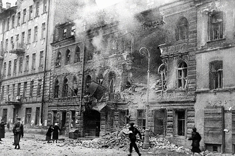 A street after a German artillery raid during the Siege of Leningrad, Russia
