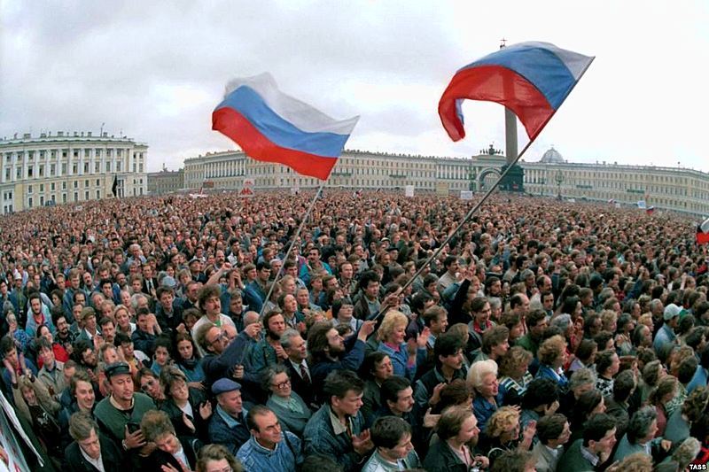 Leningrad protestors on Palace Square during the August Putsch, 1991 in St. Petersburg, Russia