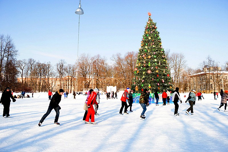 Skating Rink around a Christmas tree on Yelagin Island in Saint-Petersburg, Russia