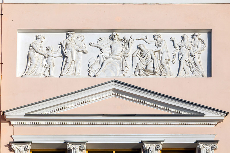 Bas-relief on the facade of the Laval House in St Petersburg, Russia