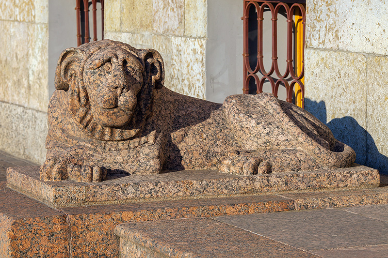 Stone lion at the entrance to the Laval House in Saint-Petersburg, Russia