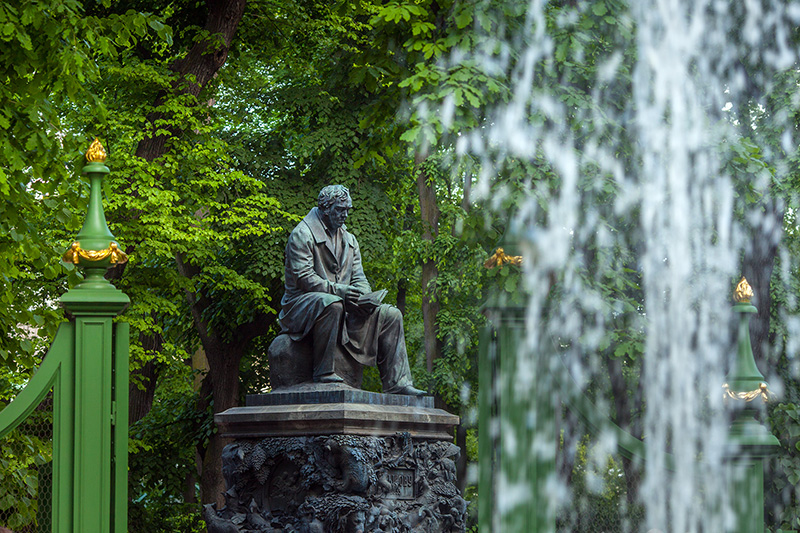 Monument to Ivan Krylov (fabulist) in the Summer Garden in St Petersburg, Russia