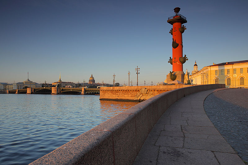 Early morning view of the Rostral Columns in Saint-Petersburg, Russia