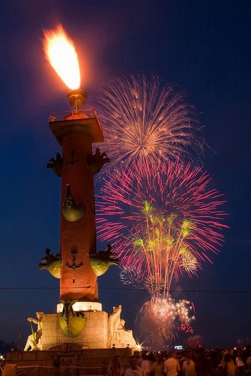Rostral Column with gas beacon during a public holiday in St Petersburg, Russia