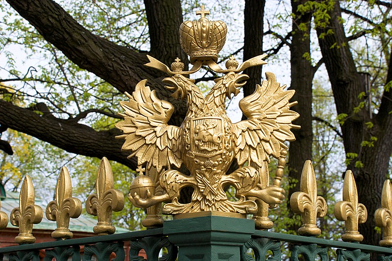 Two-headed eagles at the Cabin of Peter the Great in St Petersburg, Russia