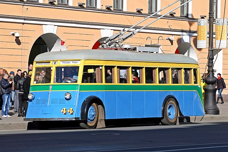 Historic YaTB-1 Trolleybus from the Museum of Electrical Transport on the streets of St Petersburg, Russia