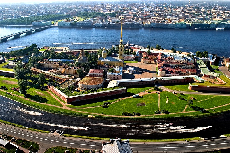 Aerial view of Zayachy (Hare) Island and the Peter and Paul Fortress in St Petersburg, Russia