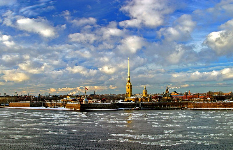 Spring scene on the Neva River opposite the Peter and Paul Fortress in St Petersburg, Russia