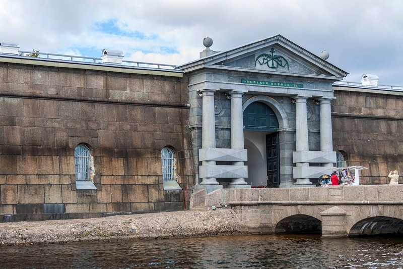 Nevskiye (Neva) Gates of the fortress seen from the Neva River in St Petersburg, Russia