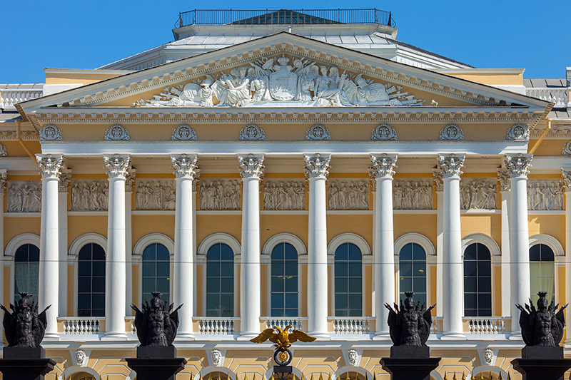 Neoclassical portico of Mikhailovsky Palace designed by Carlo Rossi in St Petersburg, Russia