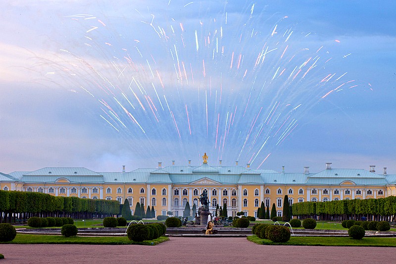 Fireworks over the Grand Palace in Peterhof, west of Saint-Petersburg, Russia