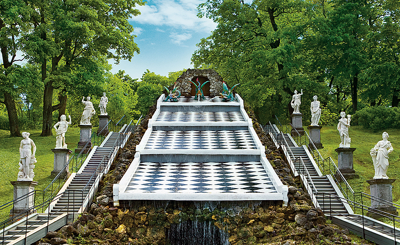 Chess Hill or Dragon Hill Cascade in Peterhof, outside St Petersburg, Russia