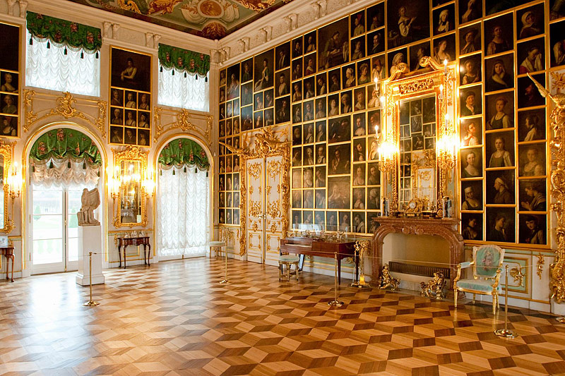 The Portrait Hall at the Grand Palace in Peterhof, west of Saint-Petersburg, Russia