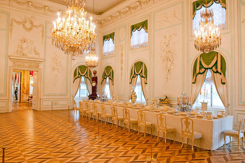 The White Dining Room at the Grand Palace in Peterhof, west of Saint-Petersburg, Russia