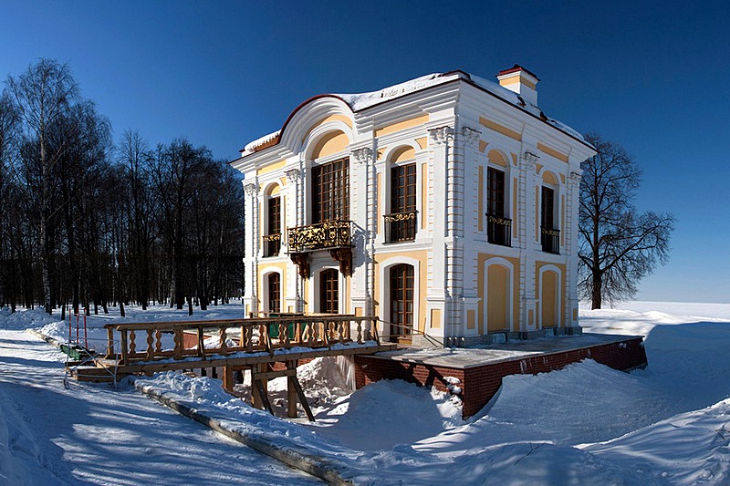 Winter view of the Hermitage Pavilion in the Lower Park of Peterhof, west of St. Petersburg, Russia