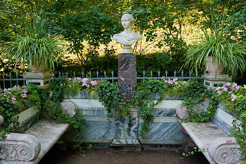 Memorial bench of Grand Duchess Alexandra Nikolaevna in Peterhof, west of St. Petersburg, Russia