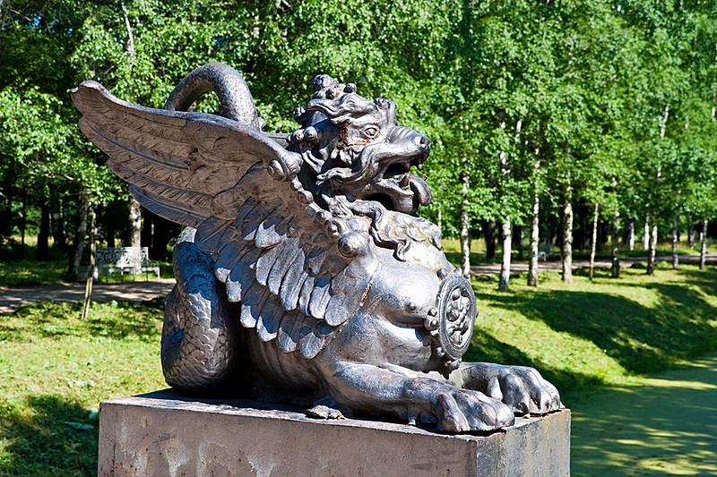 Sculpture of a dragon on Dragon Bridge in Alexander Park in Tsarskoye Selo (Pushkin), south of St Petersburg, Russia