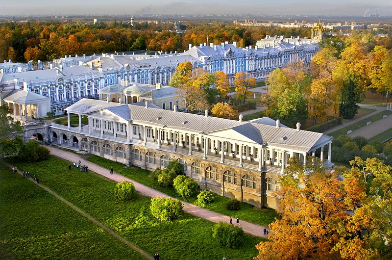 Aerial view of the Cameron Gallery in Tsarskoye Selo (Pushkin), south of St Petersburg, Russia