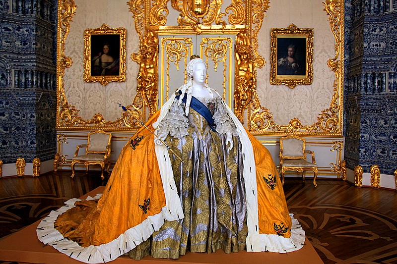 Replica of a ball gown of Empress Elizabeth displayed at the Catherine Palace in Tsarskoye Selo (Pushkin), south of Saint-Petersburg, Russia