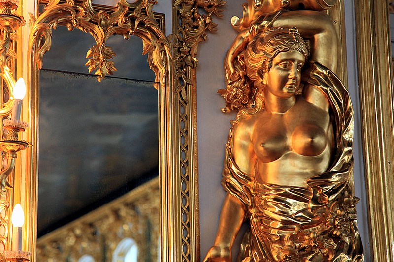 Detail of Grand Hall decorations at Catherine Palace in Tsarskoye Selo (Pushkin), south of St Petersburg, Russia