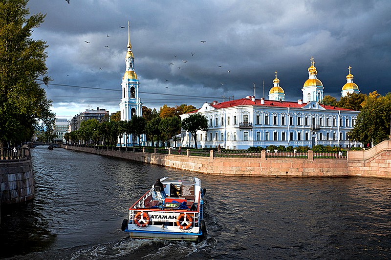 Tour boat on the Kryukov Canal in St Petersburg, Russia