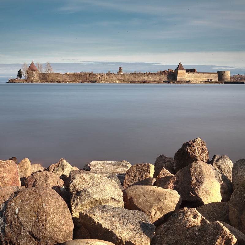 View of medieval Oreshek Fortress from a river bank east of St Petersburg, Russia