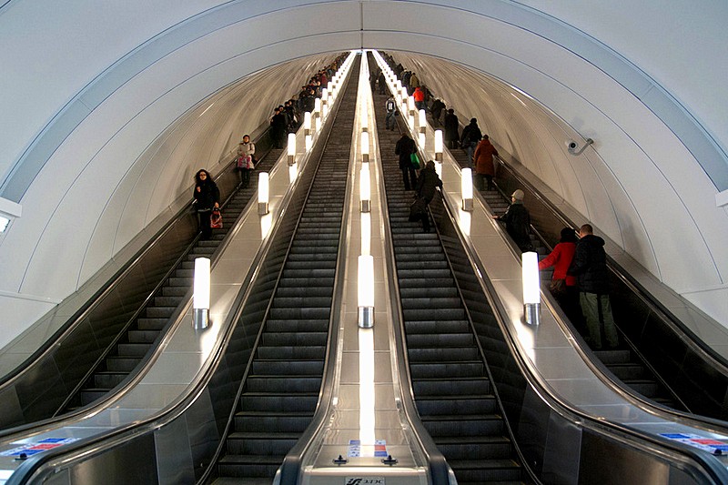 Escalators at Admiralteyskaya, the deepest station on the St. Petersburg Metro