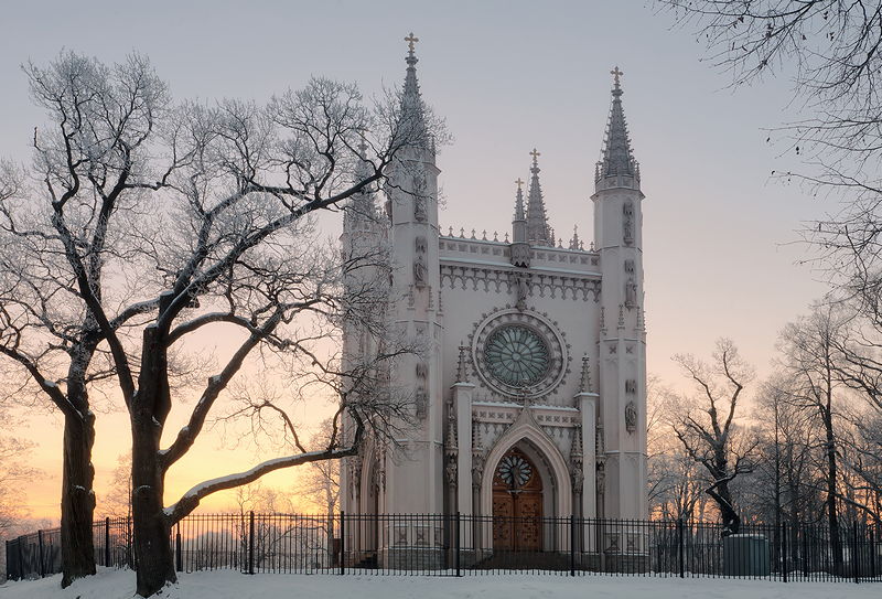 Gothic Cappella in Alexandria park in Peterhof, west of Saint-Petersburg, Russia