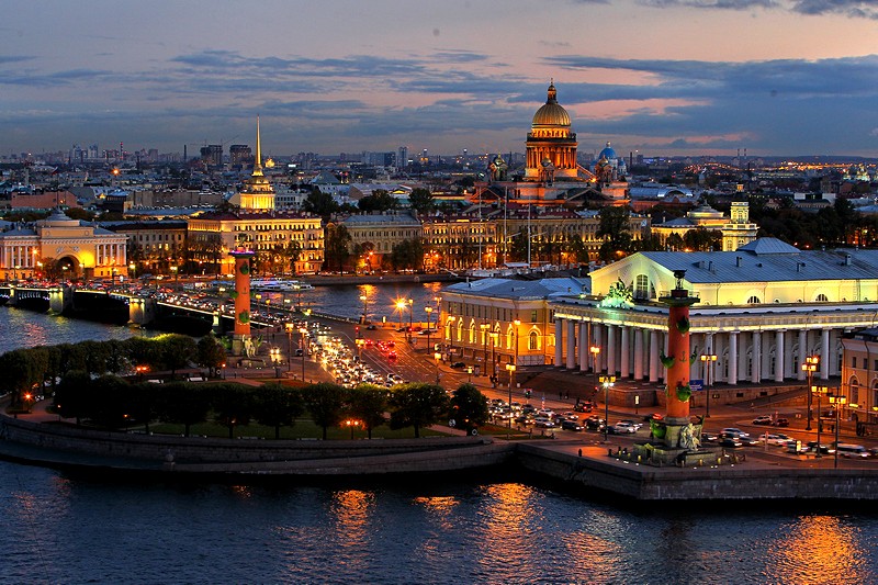 The Stock Exchange and the Rostral Columns in Saint Petersburg, Russia